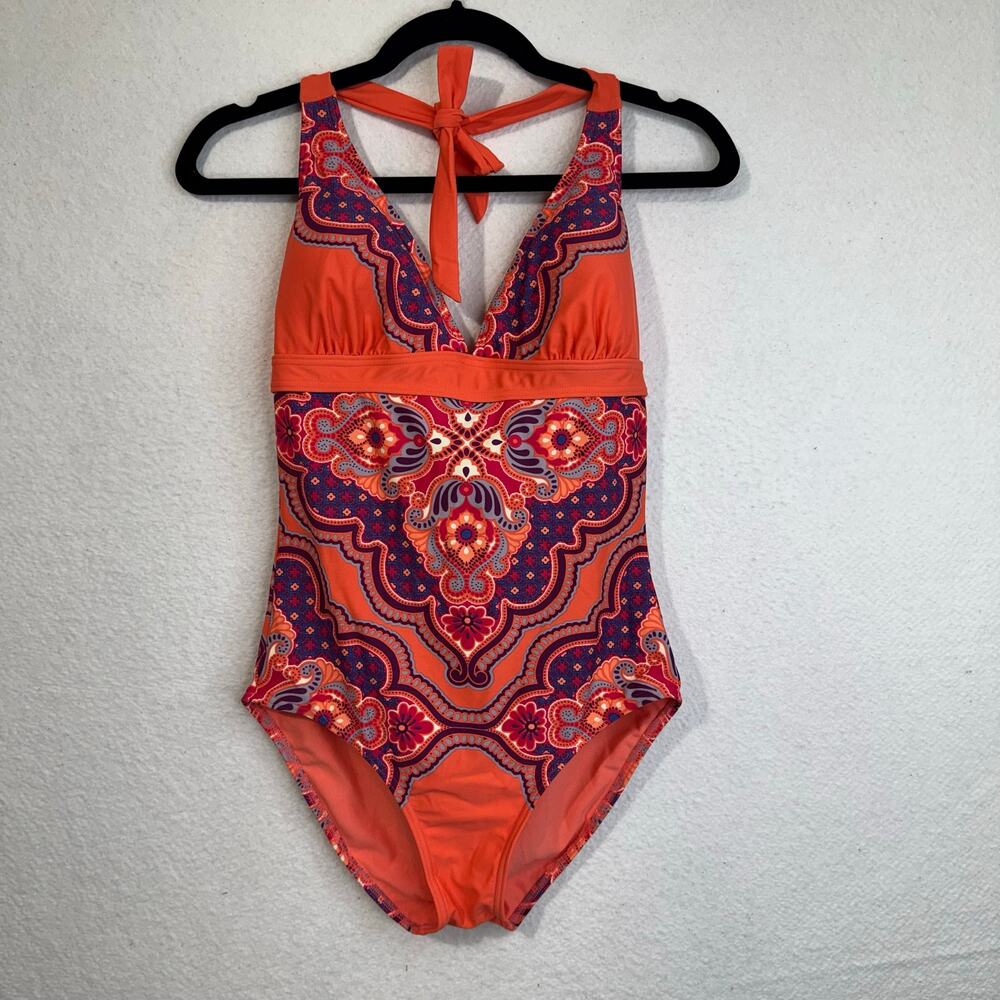 Prana Swimwear Lahari One-Piece Halter Swimsuit Size Medium Coral Paisley Print